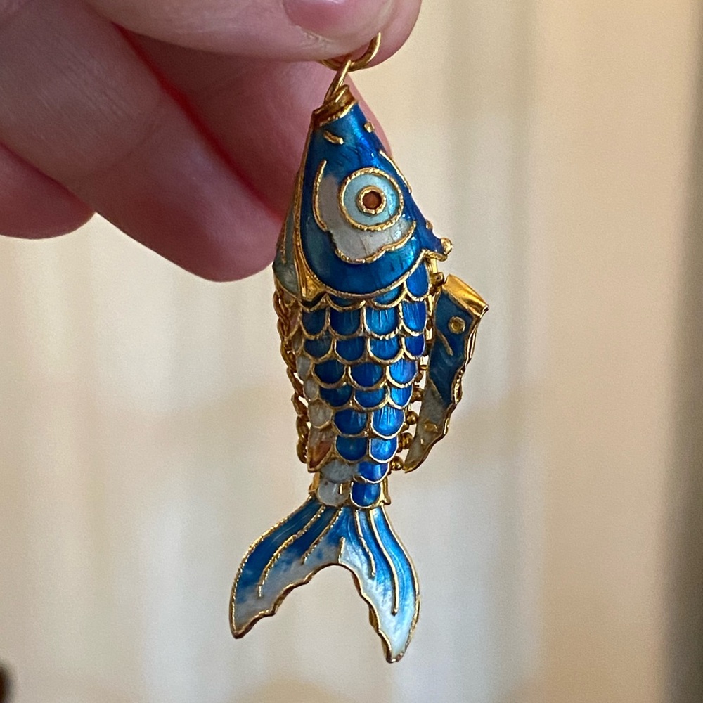 Vintage Chinese blue and white cloisonné articulated koi fish pendant